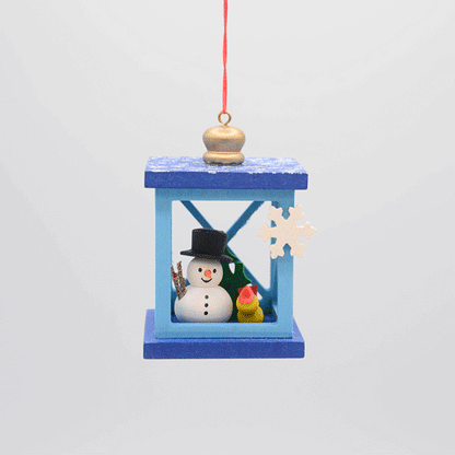 Snowman Lantern German Wooden Ornament
