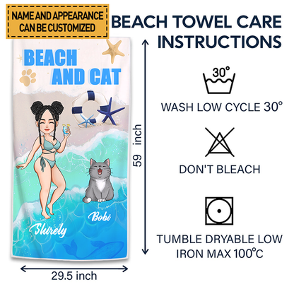 Summer Cute Cat And Beach Beach Towel  Customized Beach Towel - Personalized Custom Beach Towel - Gift For Cat lover