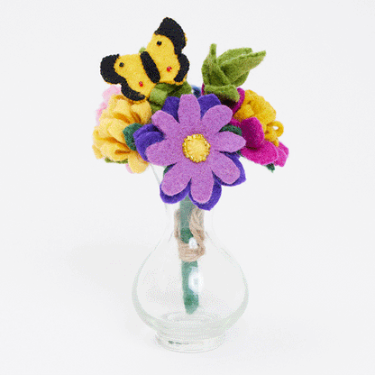 Colorful felt flower bouquet with wool butterfly in eco-friendly bud vase, handmade summer gift. GIF