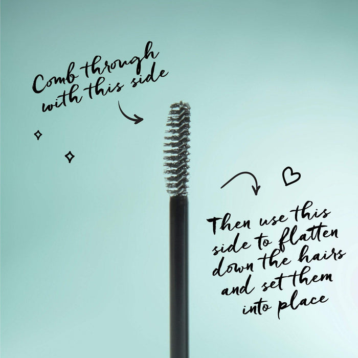 A close up of the brow gel wand on a light blue background. Arrows pointing to the brush saying one side is to comb through the brows and the other is to flatten down the hairs to set them into place.