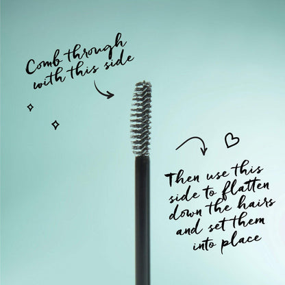 A close up of the brow gel wand on a light blue background. Arrows pointing to the brush saying one side is to comb through the brows and the other is to flatten down the hairs to set them into place.