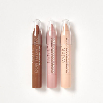 The 3 contour sticks out of the packaging on a white background. There is a contour stick, a blusher stick and a highlighter stick.