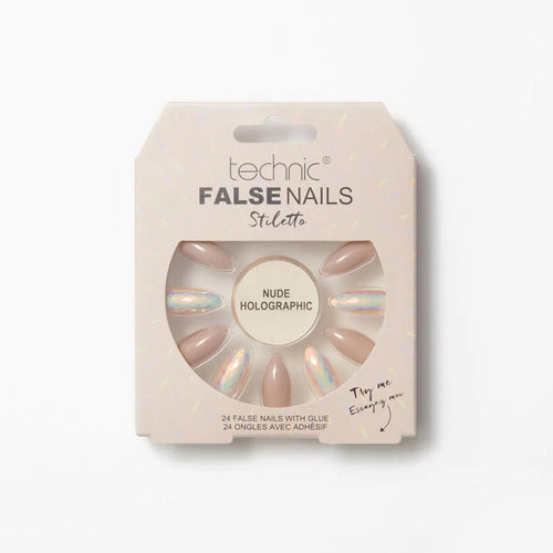 Technic Nude Holographic Stiletto False Nails packaging with 24 vegan nails and glue