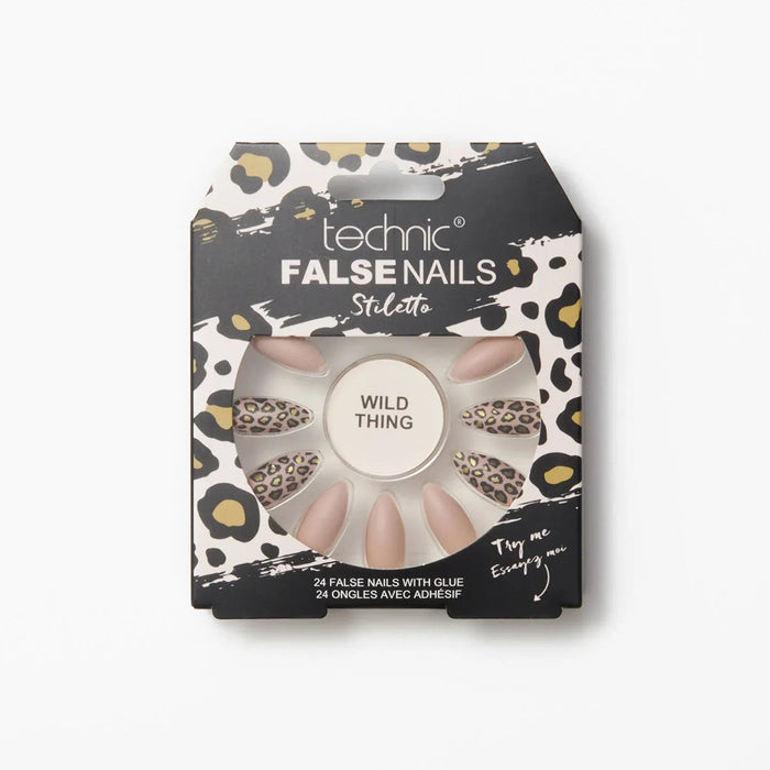 Technic Wild Thing Stiletto false nails with leopard print accents and nude tips