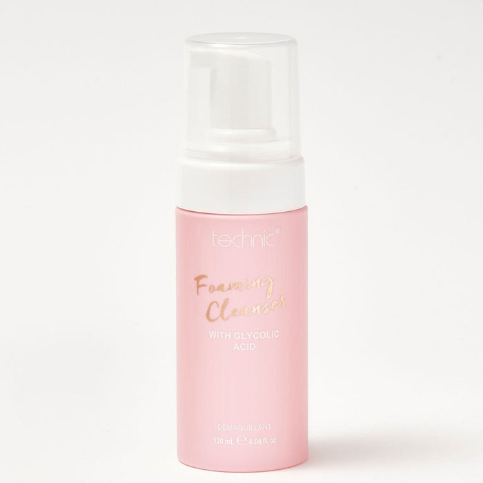 A foaming cleanser bottle in front of a white background.