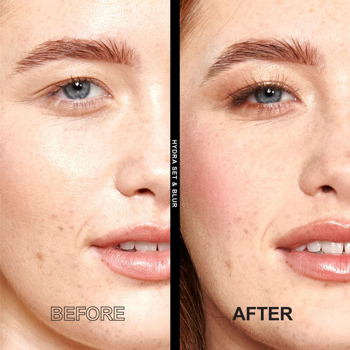 2 close ups of a model showing before and after of using the powder.