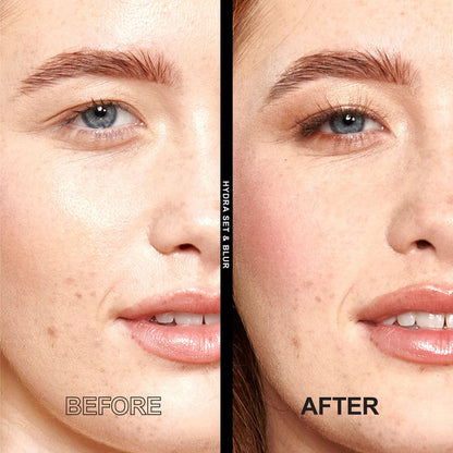 2 close ups of a model showing before and after of using the powder.