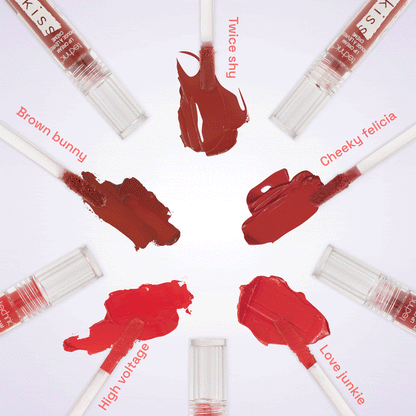 All 5 shades in a circle with the corresponding applicator, swatch and shade name next to each one.