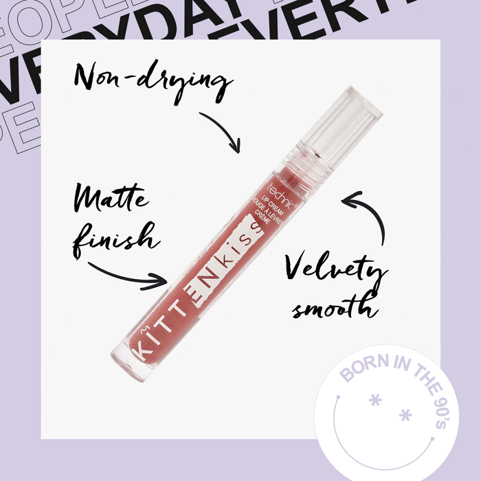A kitten kiss lip cream on a angle with arrows pointing at it with text. The text says its non-drying, velvety smooth and has a matte finish.