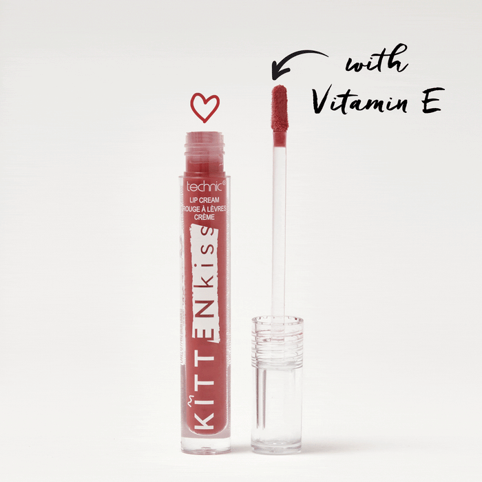 An opened kitten kiss lip cream with the text saying it includes Vitamin E.