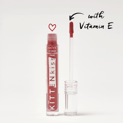 An opened kitten kiss lip cream with the text saying it includes Vitamin E.