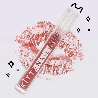 A kitten kiss lip cream in front of a lipstick kiss mark on a purple background.