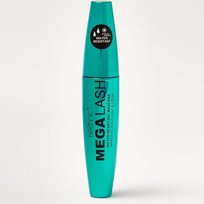 A mega lash water resistant mascara on a white background.