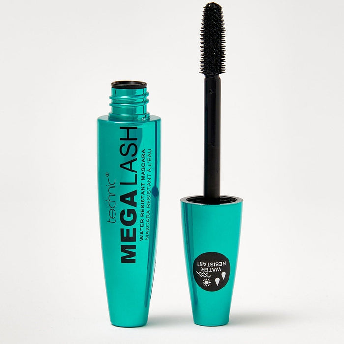 An opened mega lash water resistant mascara on a white background.