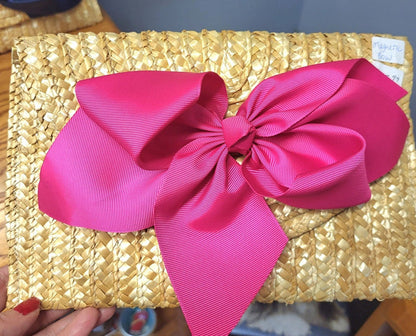 The Vineyard Straw Clutch with Interchangeable Bow - Hot Pink - Potpourri Gift Shop