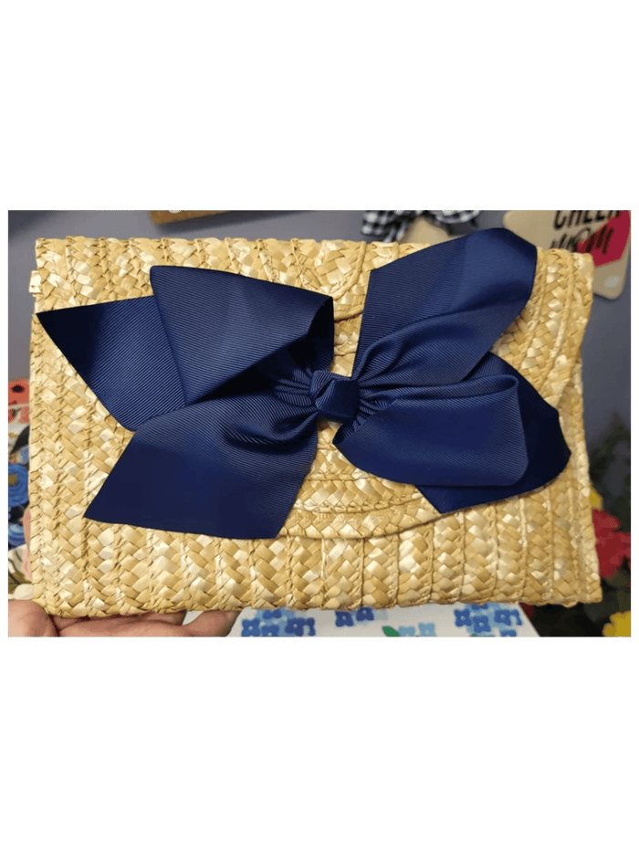 The Vineyard Straw Clutch with Interchangeable Bow - Navy - Potpourri Gift Shop