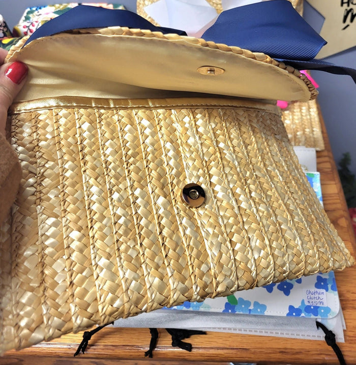 The Vineyard Straw Clutch with Interchangeable Bow - Navy - Potpourri Gift Shop
