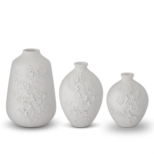 White Resin Floral Embossed Vase -3 Sizes
