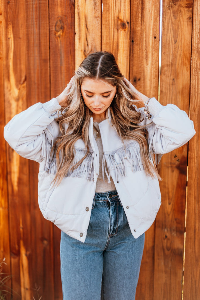 Y'all Fly Western Fringe Puff Jacket *Chrome - Deer Creek Mercantile