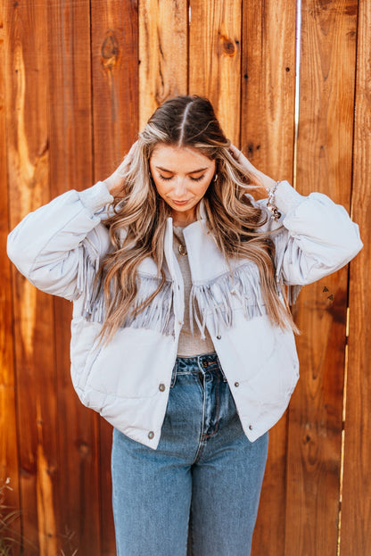 Y'all Fly Western Fringe Puff Jacket *Chrome - Deer Creek Mercantile