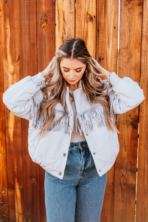 Y'all Fly Western Fringe Puff Jacket *Chrome - Deer Creek Mercantile