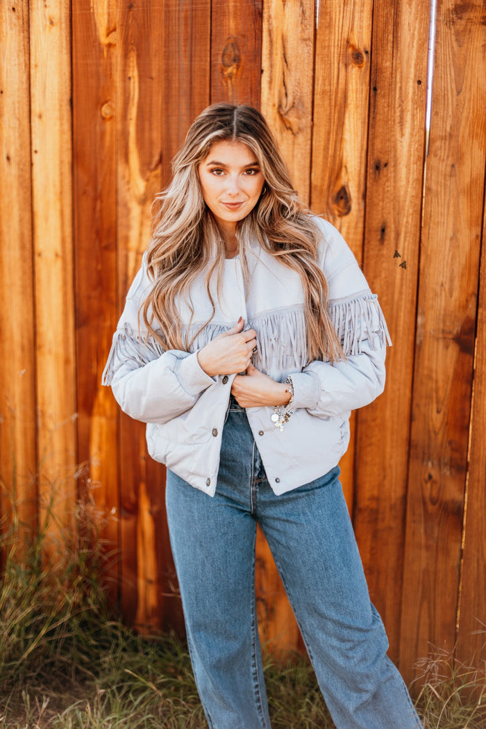 Y'all Fly Western Fringe Puff Jacket *Chrome - Deer Creek Mercantile