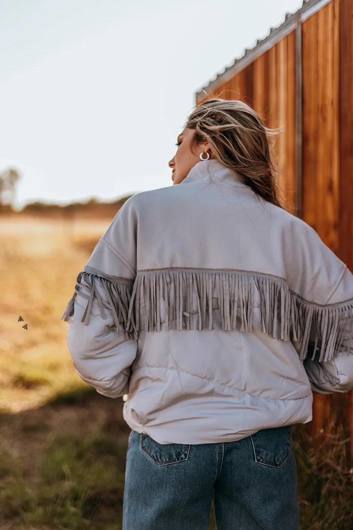 Y'all Fly Western Fringe Puff Jacket *Chrome - Deer Creek Mercantile