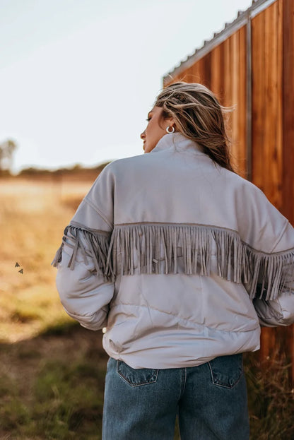 Y'all Fly Western Fringe Puff Jacket *Chrome - Deer Creek Mercantile