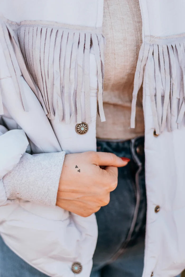 Y'all Fly Western Fringe Puff Jacket *Chrome - Deer Creek Mercantile