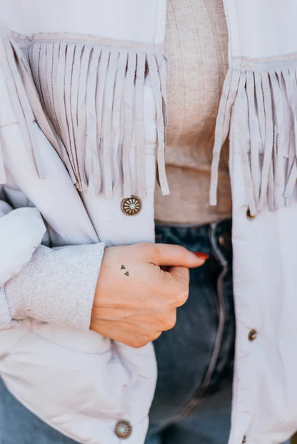 Y'all Fly Western Fringe Puff Jacket *Chrome - Deer Creek Mercantile